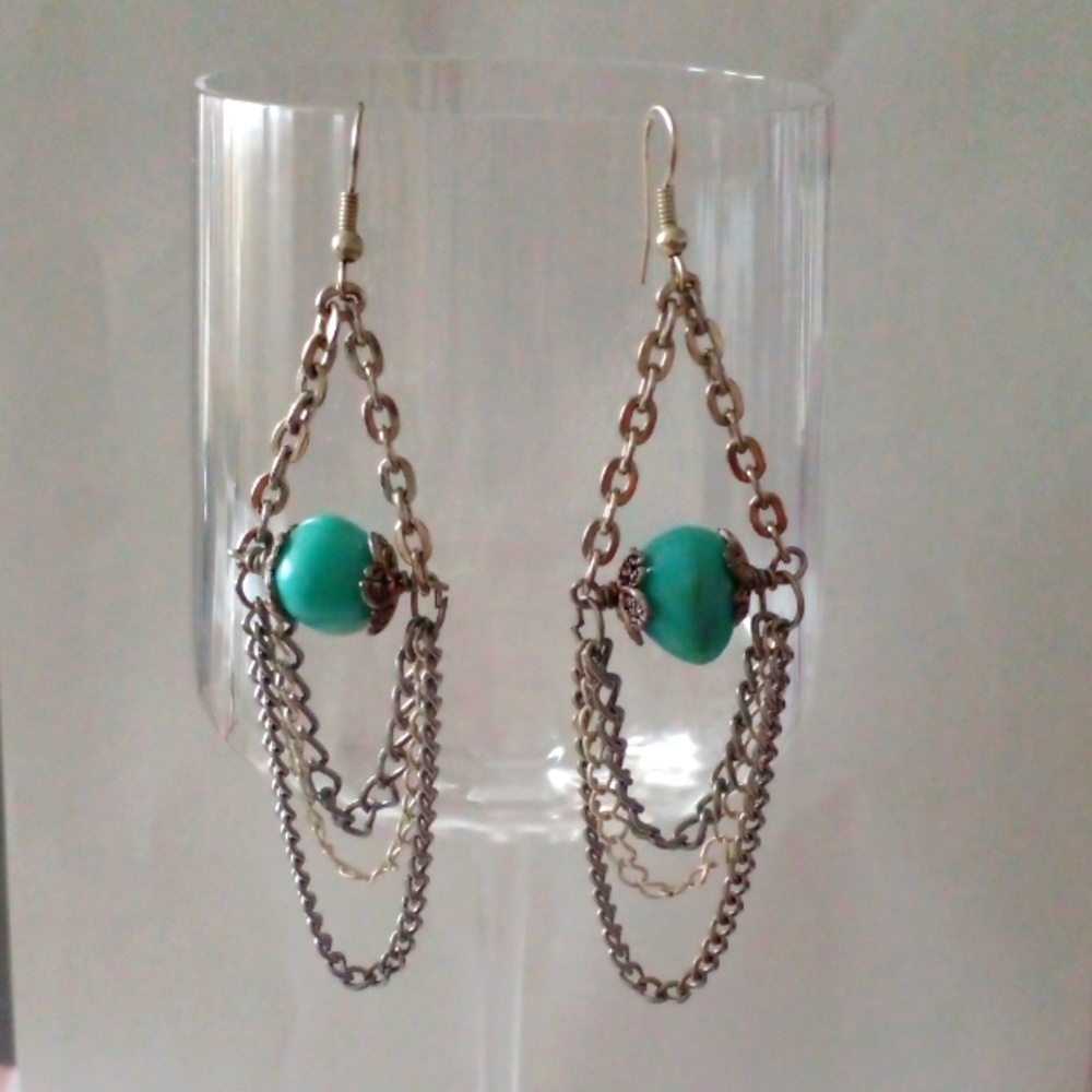 Turquoise Glass Beaded Chain Chandelier Earrings